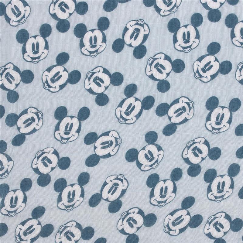 Printed muslin swaddles featuring various Mickey Mouse expressions in navy blue on a light blue background.