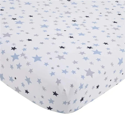 Fitted crib sheet featuring a pattern of blue, gray, and black stars on a white background.