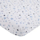 Fitted crib sheet featuring a pattern of blue, gray, and black stars on a white background.