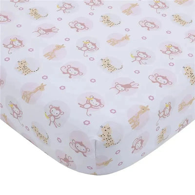 Fitted crib sheet featuring playful animal illustrations, including monkeys, giraffes, and leopards, on a light background.