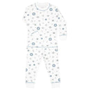 Long sleeve pajama set for baby boys featuring a white base with colorful evil eye and lightning bolt patterns.