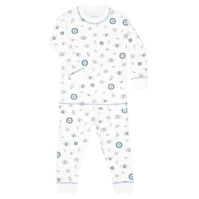 Long sleeve pajama set for baby boys featuring a white base with colorful evil eye and lightning bolt patterns.