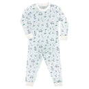 Blue long sleeve pajama set for baby boys featuring a playful golf-themed print with icons like golf clubs, balls, and cars.