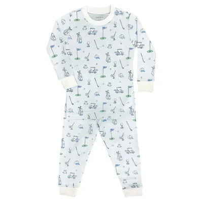 Blue long sleeve pajama set for baby boys featuring a playful golf-themed print with icons like golf clubs, balls, and cars.