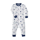 Long sleeve pajamas for baby boys featuring a nautical print with boats and sailboats in blue and white.
