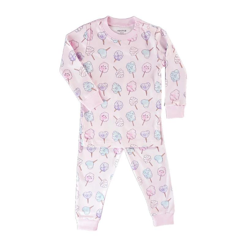 Long sleeve pink pajama set for baby girls, featuring a cotton candy print on both the top and pants.