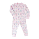 Long sleeve pink pajama set for baby girls, featuring a cotton candy print on both the top and pants.