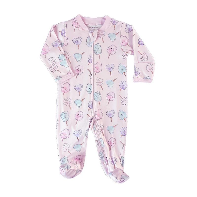 Cotton candy-patterned cotton footie for baby girls, featuring long sleeves and a zipper closure.