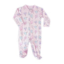 Cotton candy-patterned cotton footie for baby girls, featuring long sleeves and a zipper closure.