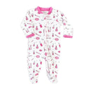 Baby girl zipper footie featuring a pink lip and makeup print, with a pink trim around the collar and cuffs.