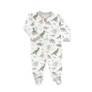Zippered footie for infants featuring a playful dinosaur print in green and gray on a white background.