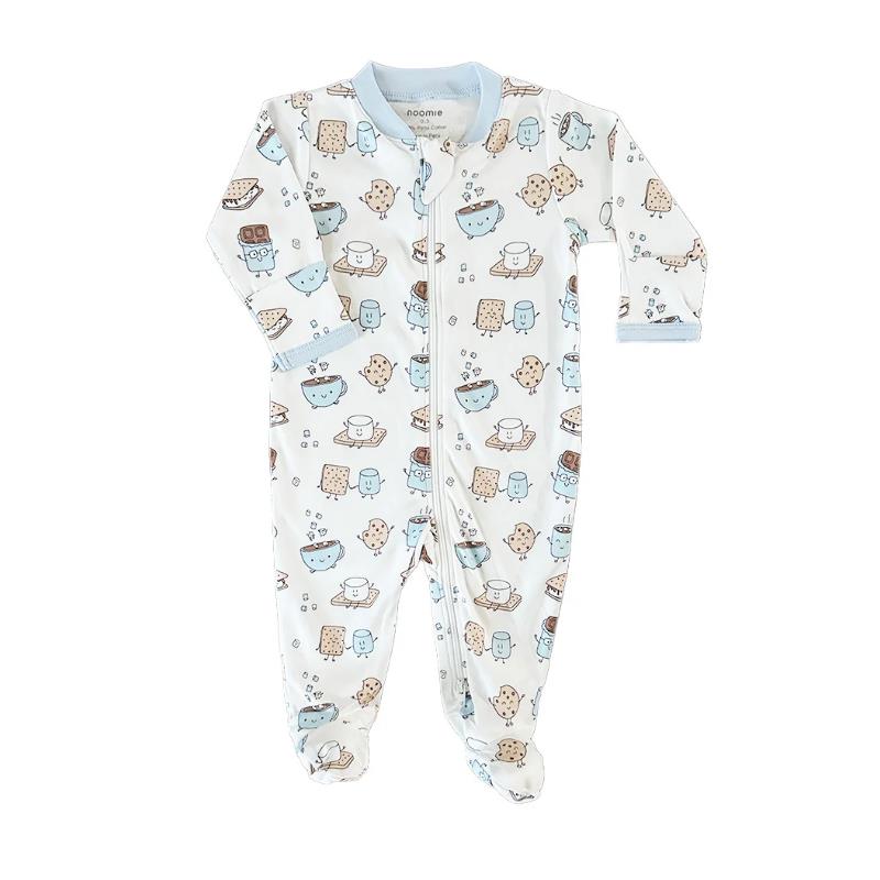 Blue zipper footie decorated with cute smores-themed illustrations, suitable for infants.
