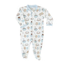 Blue zipper footie decorated with cute smores-themed illustrations, suitable for infants.