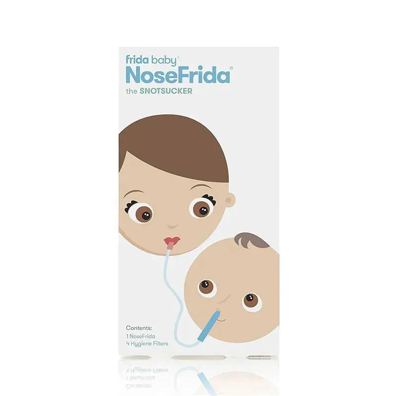 NoseFrida Baby Nasal Aspirator packaging featuring illustrations of a child and baby using the product, with visible text on contents.