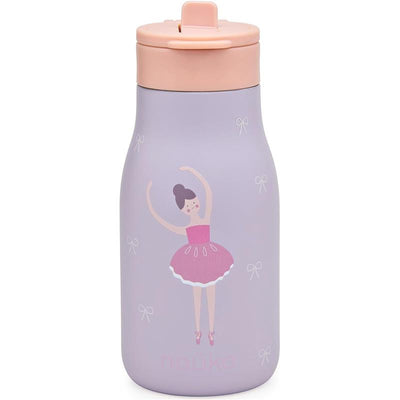 Insulated 10 oz stainless steel kids water bottle with ballerina design and pink lid, by Nouka.