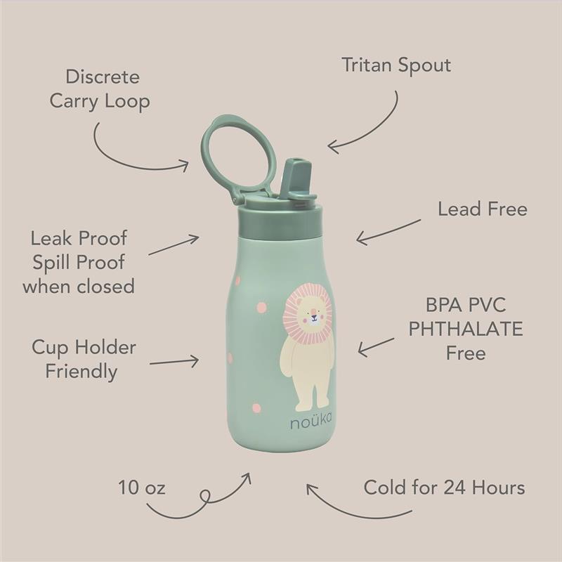 10 oz insulated stainless steel kids water bottle featuring a lion design, with a Tritan spout and leak-proof lid.