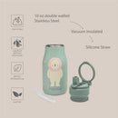 10 oz insulated stainless steel kids water bottle with a lion design, includes a silicone straw and is spill-proof.