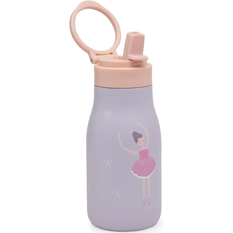 Insulated stainless steel kids water bottle featuring a ballerina illustration, pastel lavender color, and flip-top lid.