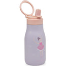 Insulated stainless steel kids water bottle featuring a ballerina illustration, pastel lavender color, and flip-top lid.