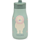 Insulated stainless steel water bottle for kids with a lion design, featuring a pink and mint color scheme.