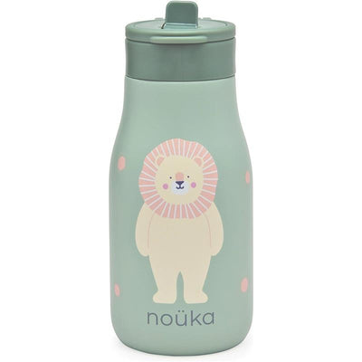 Insulated stainless steel water bottle for kids with a lion design, featuring a pink and mint color scheme.