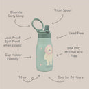 10 oz insulated stainless steel kids water bottle featuring Roary the Lion with spill-proof design and various safety features.