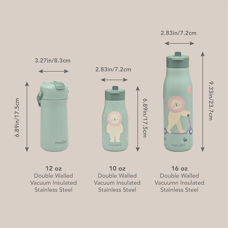 Insulated stainless steel kids water bottles in three sizes, featuring a lion illustration on the 10 oz variant.