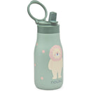 Insulated stainless steel kids water bottle with a lion design, featuring a grey and pink color scheme and a flip-top lid.