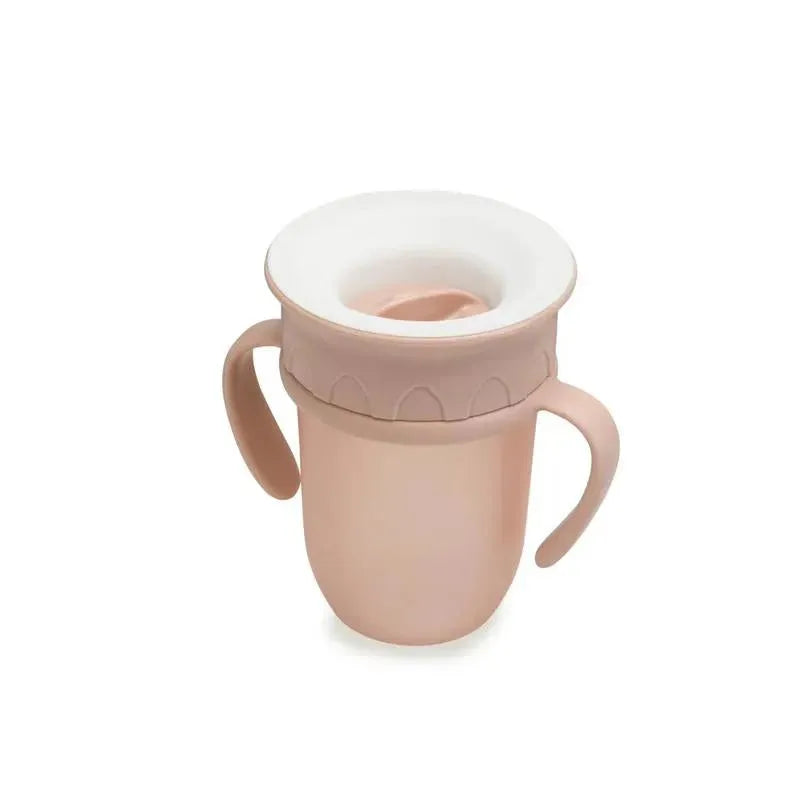 Soft blush cup with two handles and a white rim, designed for easy drinking.