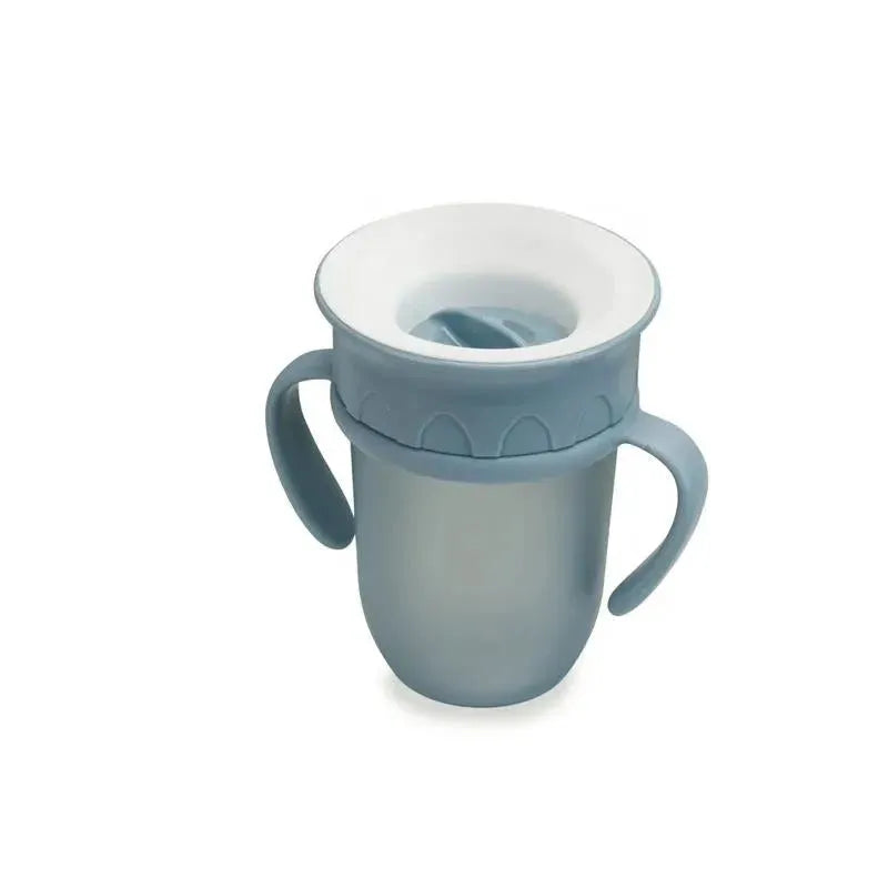 Nouka All Around Cup in blue with a no-spill design, featuring a wide rim, two handles, and a removable inner component.