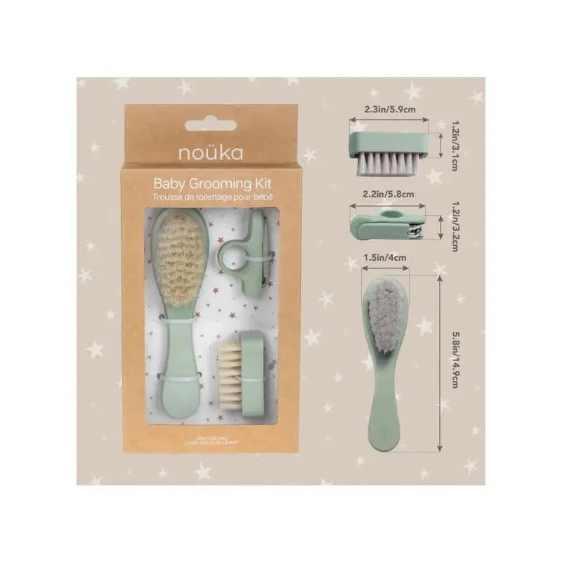 Nouka Baby Grooming Kit packaging featuring a soft brush, comb, nail clipper, and toothbrush, with dimensions listed.