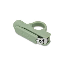 Baby nail clipper in leaf shape, featuring a soft green ergonomic handle and stainless steel trimming edge.
