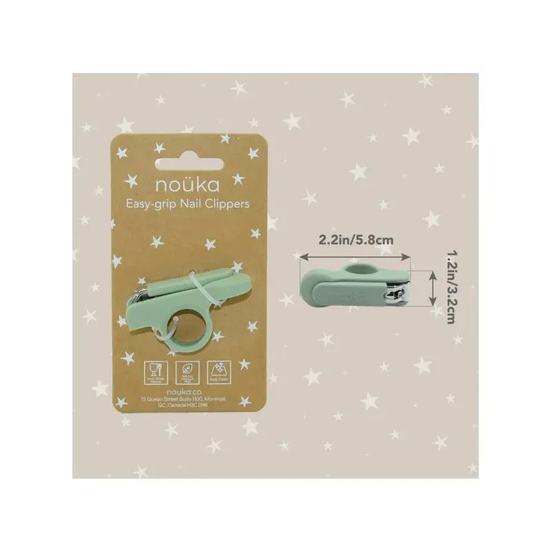 Easy-grip baby nail clippers in Lily Blue color displayed on a star-patterned background, dimensions and brand name visible.