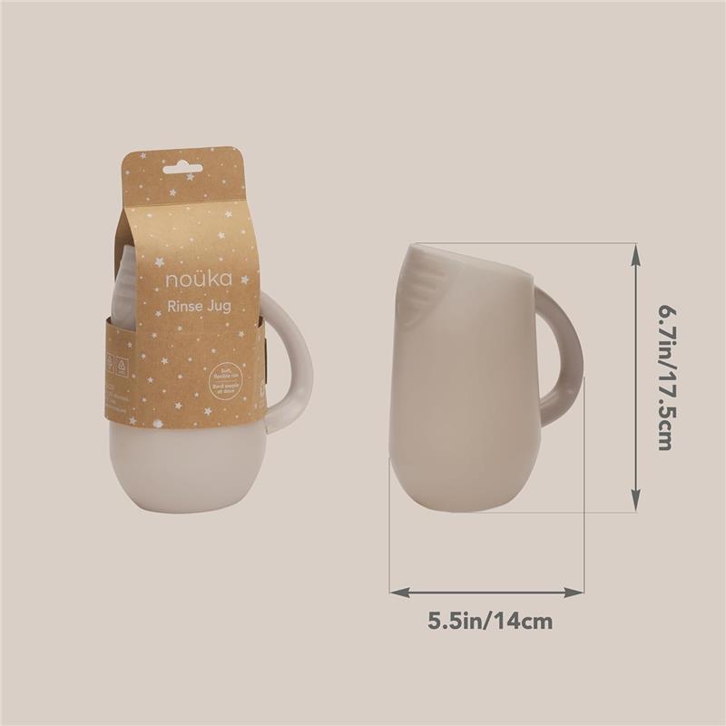 Nouka Bath Rinse Jug in Soft Blush color, dimensions 6.7in x 5.5in, with packaging featuring stars and product details.