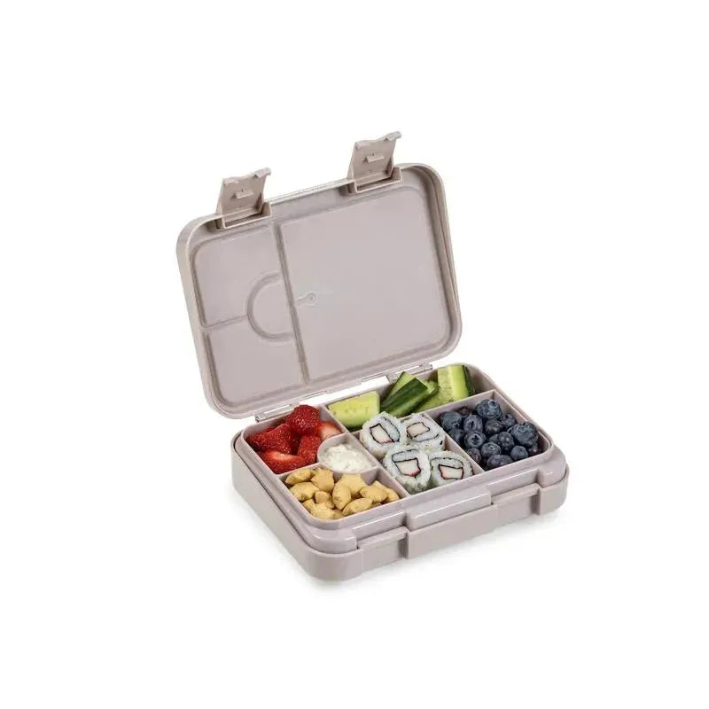 Chill lunch box in ballerina design, featuring sections with sushi, strawberries, blueberries, cucumber, cashews, and dip.