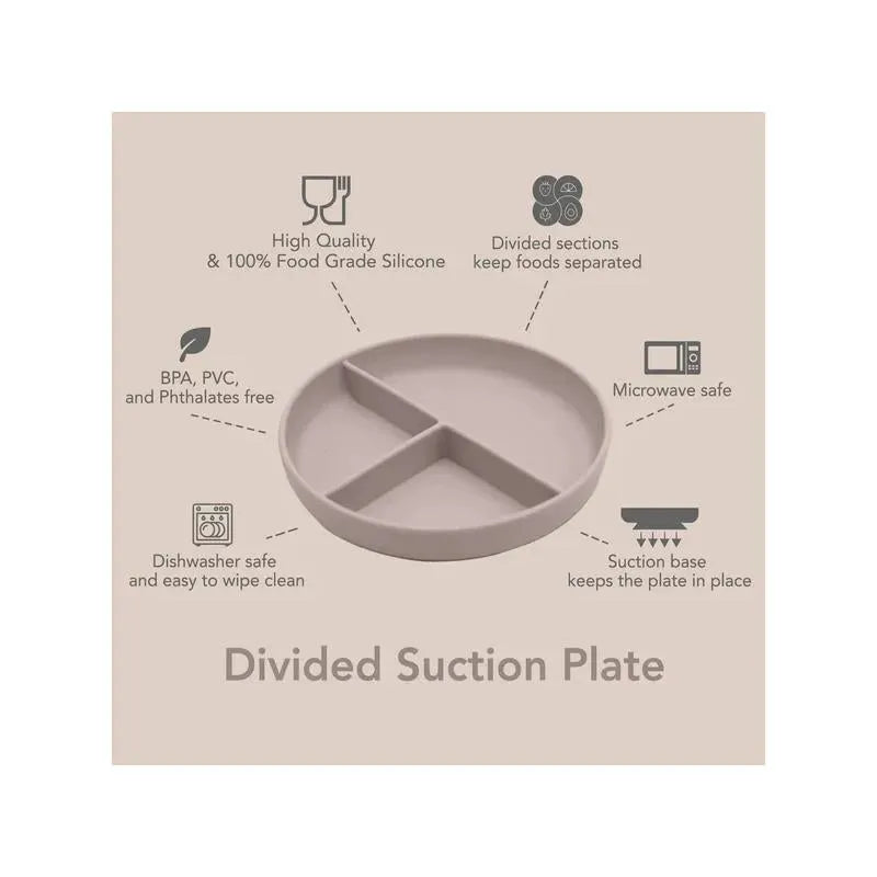 Divided suction plate in soft pink silicone with three sections, features suction base, and highlights dishwasher and microwave safety.