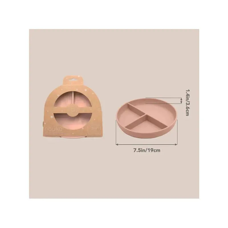 Divided plate with suction, in a soft pink shade, featuring three compartments and dimensions 7.5 in diameter and 1.4 in height.