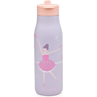 Nouka insulated stainless steel kids water bottle featuring a ballet dancer design in pink and purple hues.