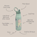 Insulated stainless steel kids water bottle, 16 oz, with lion design, featuring a Tritan spout and leak-proof closure.