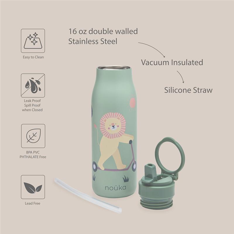 Nouka insulated stainless steel kids water bottle featuring a lion on a scooter, with a silicone straw and leak-proof lid.