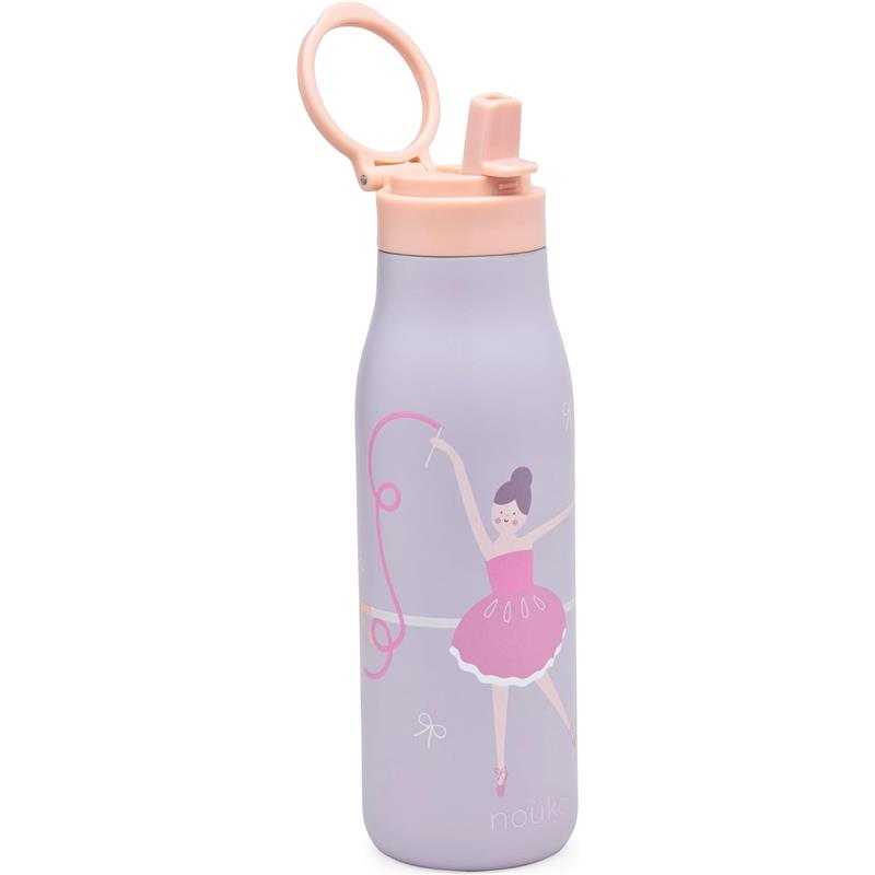 Insulated stainless steel kids water bottle featuring a ballerina illustration in pink against a lavender background.