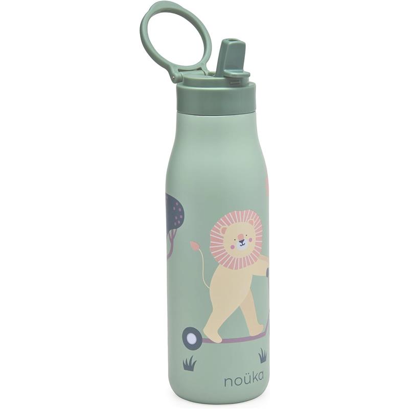Nouka Insulated Stainless Steel Kids Water Bottle featuring Roary the Lion riding a scooter on a green background.