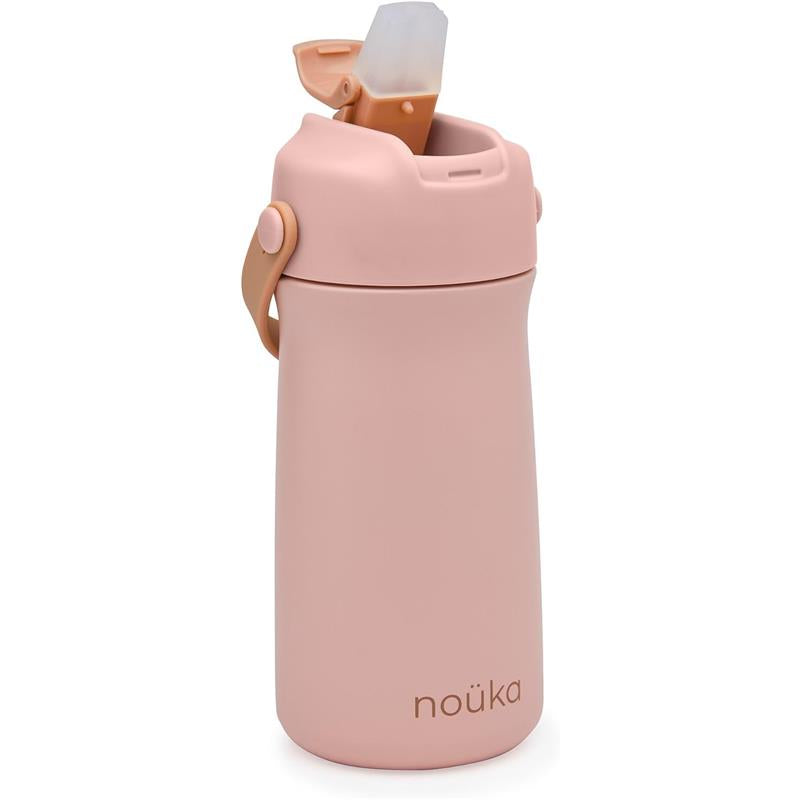 Nouka Kids Water Bottle in soft blush, featuring a silicone spout and straw, with a convenient carrying handle.