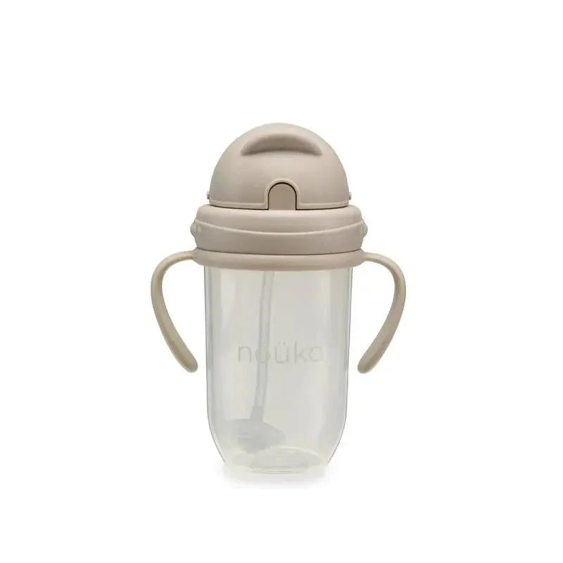 Nouka non-spill weighted straw cup in soft sand, 9 oz, featuring two handled design and a secure lid.