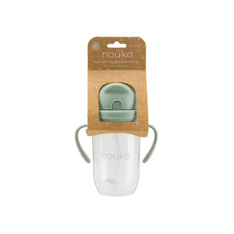 Nouka Non-Spill Weighted Straw Cup in Soft Sand, featuring a clear body, green lid, and easy-grip ergonomic handles.