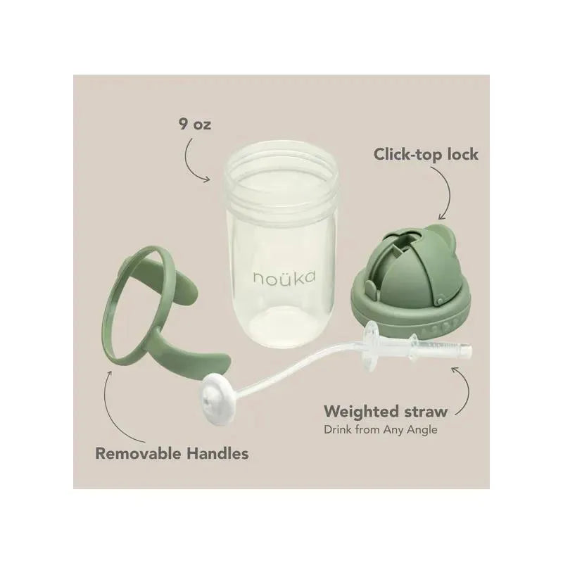 Nouka non-spill weighted straw cup, 9 oz, in soft sand color, with removable handles, click-top lock, and a flexible straw.