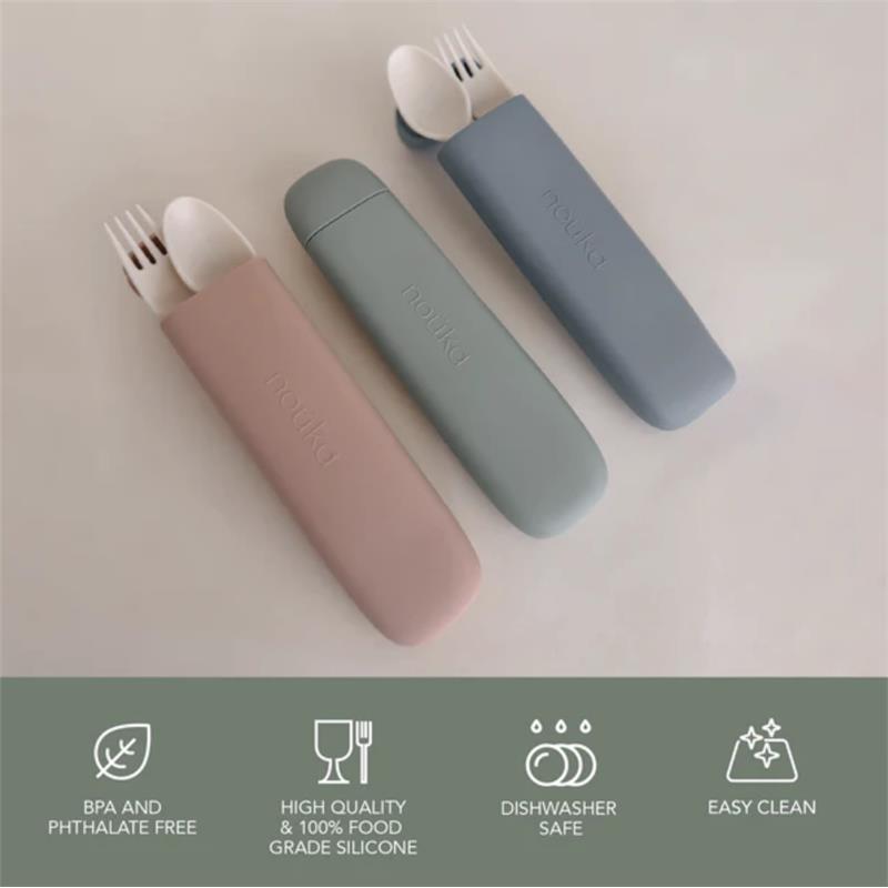 Reusable utensil set from Nouka featuring three colored carrying cases in pink, green, and blue, with a fork and spoon in each.