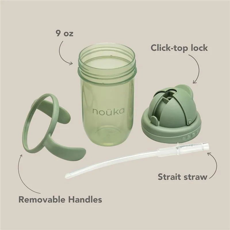 Nouka Straight Straw Cup in soft sand color; includes a 9 oz cup, click-top lock, removable handles, and straight straw.
