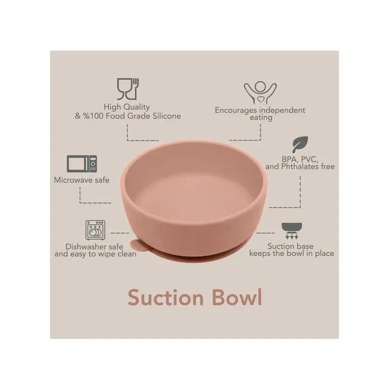 Suction bowl in Lily Blue, made from food-grade silicone, features suction base, microwave and dishwasher safe.