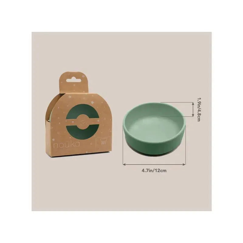 Suction bowl in Lily Blue color with a 4.7-inch diameter, alongside its eco-friendly packaging design.